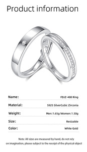 Anillos Ajustables con Circonitas, Diseño Simple, Venta al por Mayor, para Mujer y Hombre, Plata de Ley 925, Chapado en Oro Blanco, Joyería para Parejas - Product Image 6