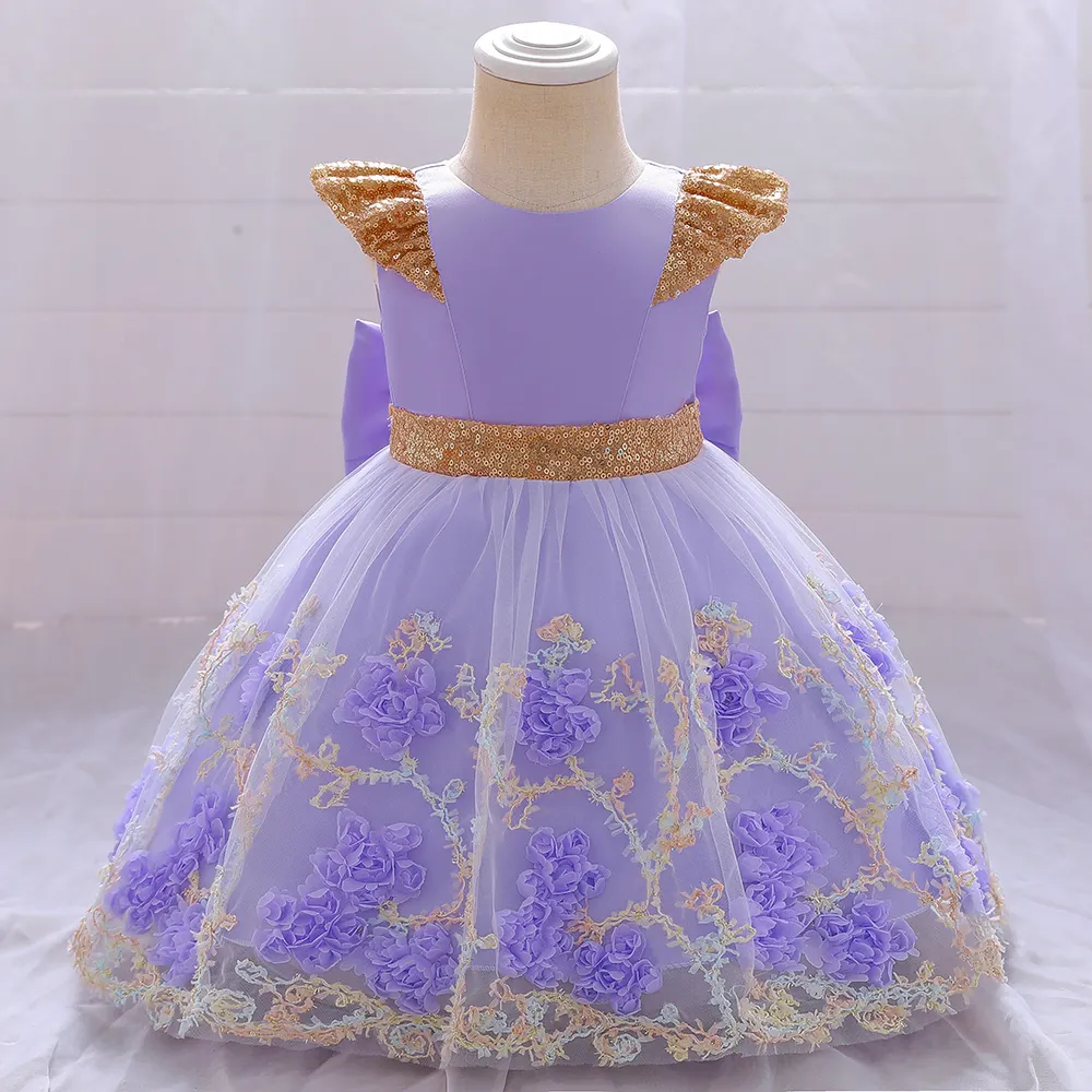 Nouveau modèle Robes à fleurs violettes pour bébé et nourrisson Robe de fête d'anniversaire de première communion pour enfants