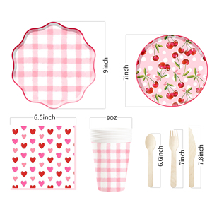 DAMAI Picnic Party Kids Birthday Party Supplies Cherry pink Plaid Elements <b>Disposable</b> <b>Tableware</b> Paper Napkins Cups Plates - Product Image 6