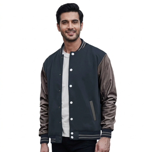 Dark Varsity <b>Jacket</b> <b>Grey</b> Sleeves Men Unisex Baseball Style Zipper <b>Waterproof</b> Knitted Custom Logo Option Casual Warm Outerwear - Product Image 1
