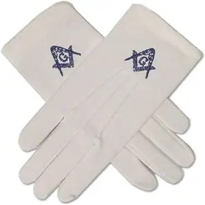 Cheap White 100%Cotton Square And Compass Embroidery Church Freemason Masonic Regalia Hand Gloves