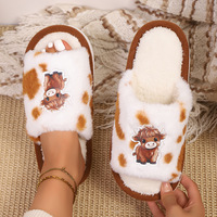 Pantoufles d'hiver en peluche pour femmes, motif vache des Highlands mignon, à bout ouvert, antidérapantes, pour la maison, plusieurs couleurs disponibles, vente en gros