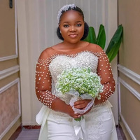 Robes de mariée sirène de luxe en perles grande taille avec traîne détachable, appliques en dentelle, manches longues, personnalisables
