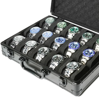 Boîte de rangement pour montres à 15 emplacements, boîte de rangement pour montres en aluminium, noire rigide à 15 emplacements