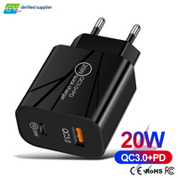 Cargador de Pared GAN de 20W PD USB-C Tipo A+C con Enchufe Europeo, Adaptador con Carga Rápida QC 3.0 y Luz LED para Teléfono y Tableta