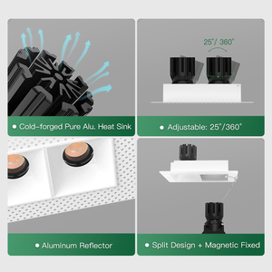 XRZLux 15W * 2 조정 가능한 트리밍 LED COB 다운 라이트 양방향 사각 매입형 LED 스포트라이트 ETL 실내 천장 조명 - Product Image 4