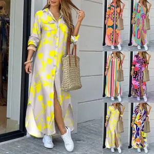 Fashion Breathable Digital Printing All Over Print Dress Loose Waist Long Dresses Women Elegant Split Cotton Printed Long Dress