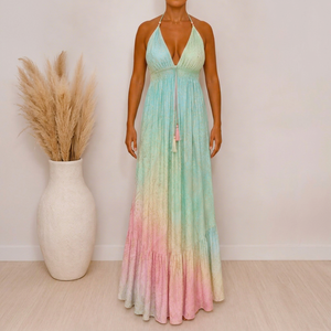 Boho V-neck Paisley 100% Silk <b>Elastic</b> Waist Backless Maxi <b>Dress</b> Woven Chiffon A-Line Regular Fit Summer Casual Floor-Length - Product Image 1