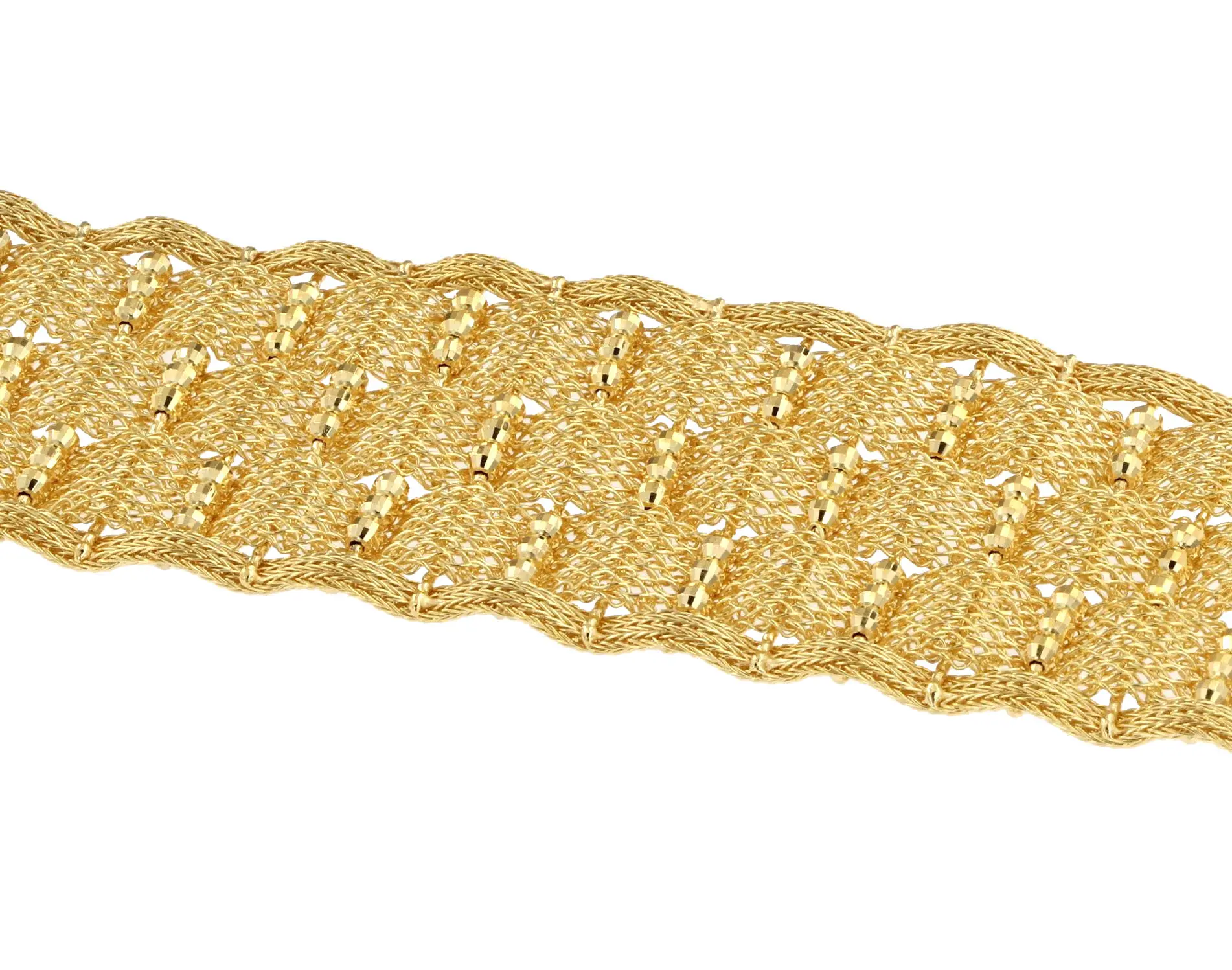 18 k gold plated silver flat mesh and diamond-cut beads bracelet for women