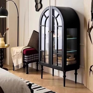 Armoire latérale en bois massif de style rétro français, à double porte, avec rangement, pour salon, vitrine en verre noir - Product Image 1