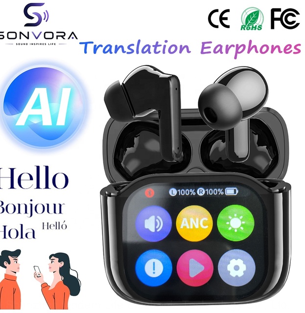 JM19 ANC AI Translation Earbuds Languages Real Time Translator Wireless Earphones Voice Recording for Business Customizable LOGO