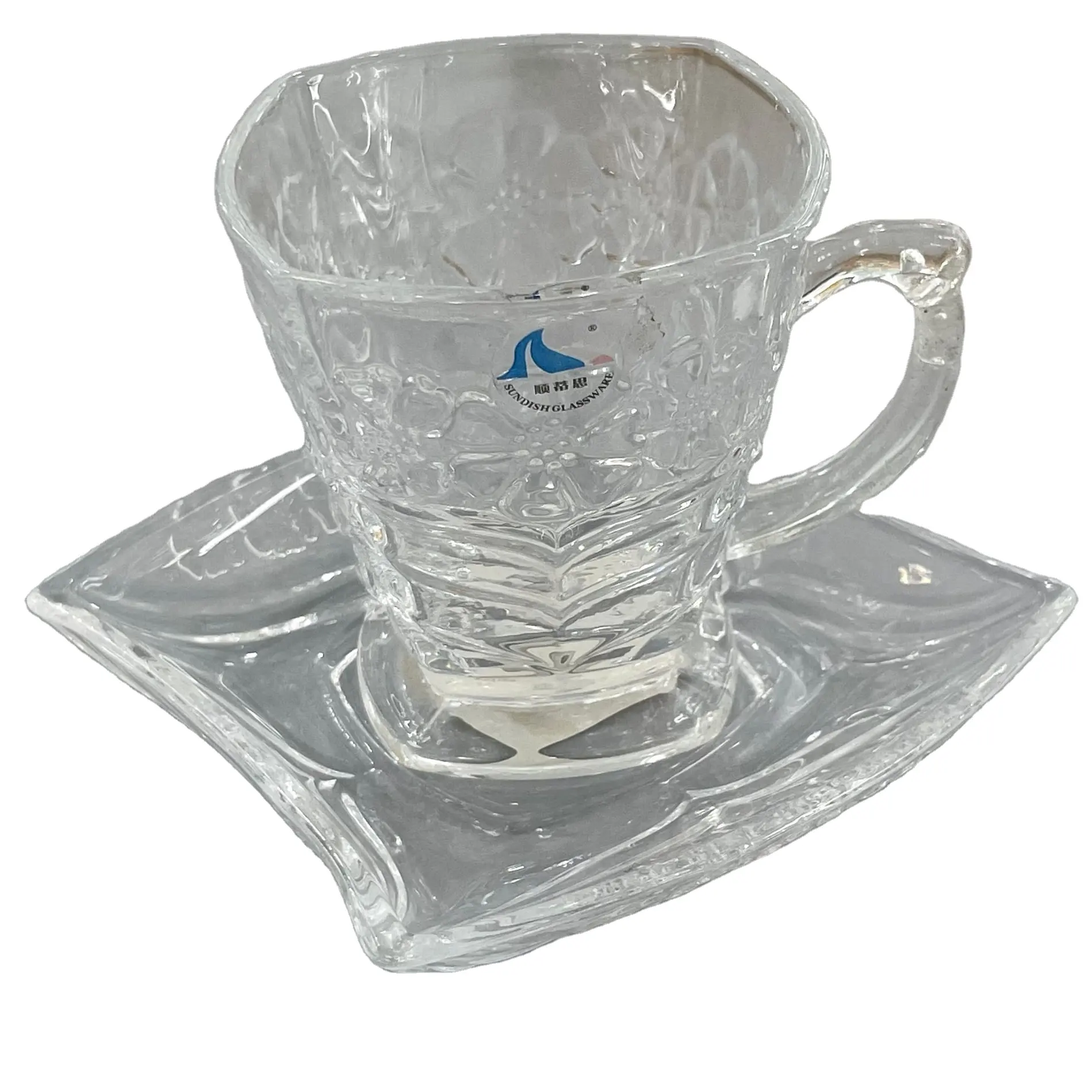 Taza de jugo de café de cristal de alta calidad con asa y juegos de platillos, juego de tazas de té para beber flores exquisitas en relieve Retro