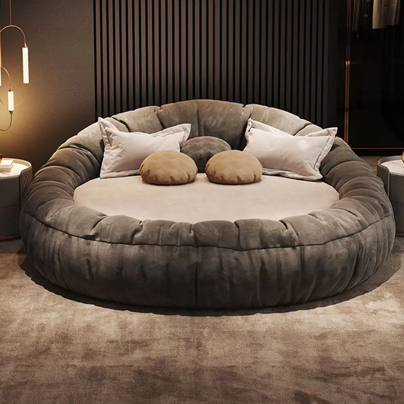 Buzlu teknoloji kadife İtalyan Villa yatak yatak odası mobilyası çift çift Modern kumaş yuvarlak yatak