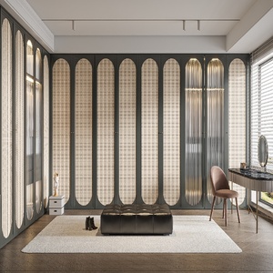 Armoire à cadre cintré gris foncé avec panneaux en rotin et verre cannelé |   Meuble de rangement mural pleine <span class=keywords><strong>hauteur</strong></span> avec éclairage LED intégré - Product Image 1