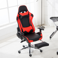 Silla de Juego Ergonómica de Cuero Negra y Roja con Reposapiés, Reclinable 180 Grados, Tamaño Normal, Marco Metálico y Espuma Moldeada