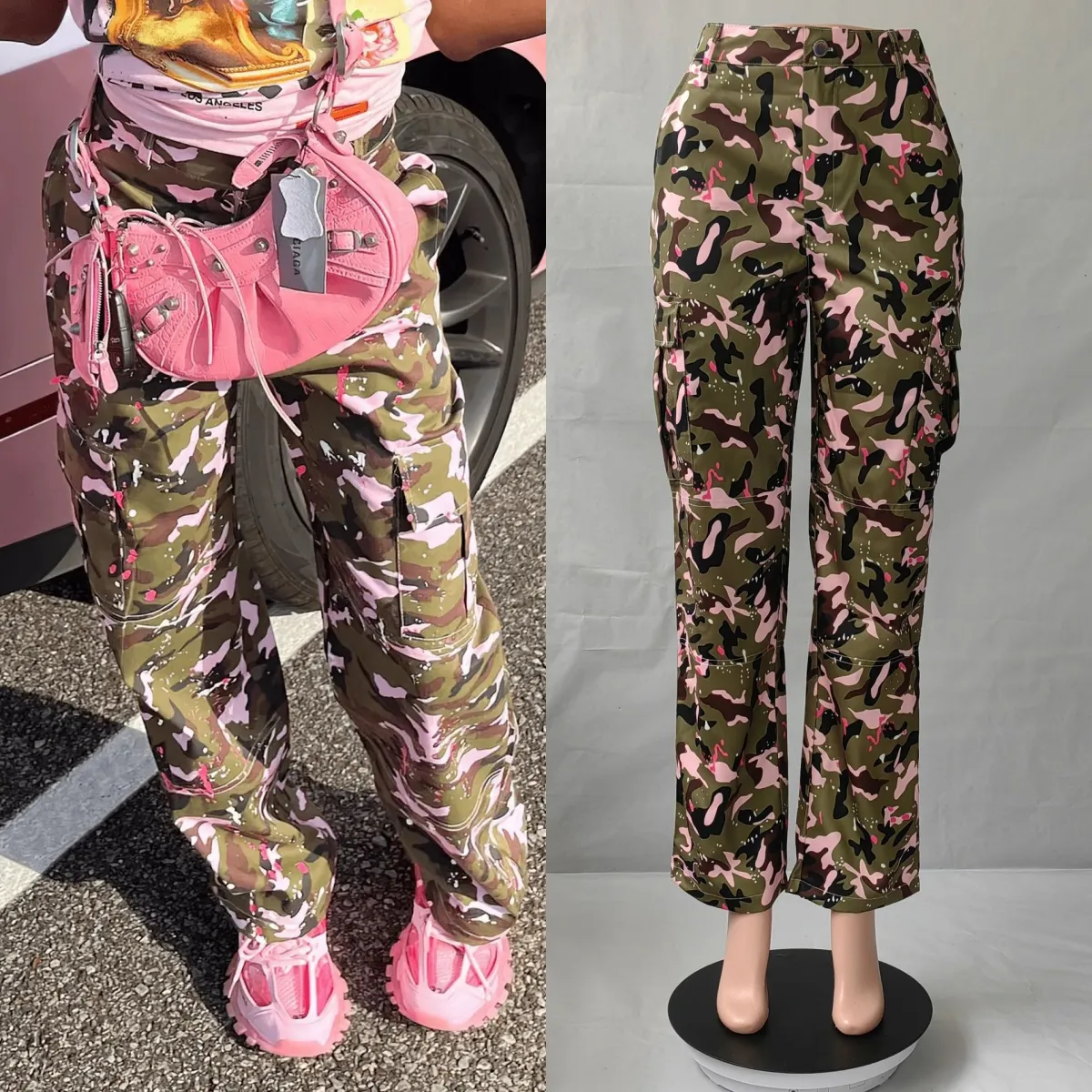 S6931 Neue klassische modische Hose mit hoher Taille und weitem Bein Pocket Cargo Pink Camouflage Pants