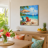 Peinture à l'huile Impasto sur toile, motif chaise de plage tropicale, paysage, faite à la main, originale, grande taille, décoration murale moderne de luxe pour la maison