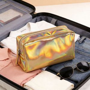 Shiny Holographic Cosmetic Waterproof Travel Toiletry Kit <b>Large</b> Capacity Portable Leather Storage <b>Bag</b> - Product Image 1