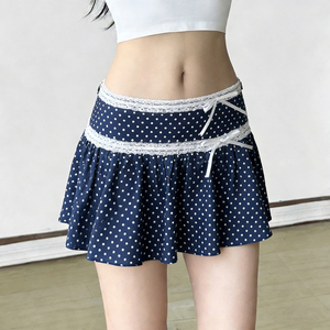 Falda midi coreana estilo dulce y femenino con encaje, patchwork, lazo azul marino y lunares, versátil, de cintura baja, línea A, falda corta que favorece la figura - Product Image 3
