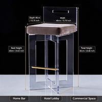 Tabouret de bar moderne de luxe en acrylique et velours avec dossier rembourré, repose-pieds en acier inoxydable, chaise de comptoir pour cuisine et bar