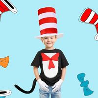 Costume de chat noir 5 pièces comprenant un chapeau haut-de-forme, une chemise, une cravate papillon et une queue en fourrure pour la Journée du livre