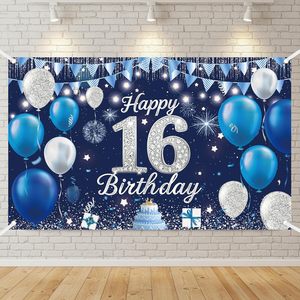 Décorations de fête pour 16e <span class=keywords><strong>anniversaire</strong></span>, Bannière de fond bleue pour 16e <span class=keywords><strong>anniversaire</strong></span>, Panneau de table de gâteau d'<span class=keywords><strong>anniversaire</strong></span> pour garçons et filles, Décoration de jardin - Product Image 1