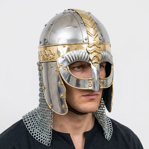 Casco Vikingo Medieval CH SPECTACLE HALLOWEEN, Armadura Normanda, Metal Plateado Pulido, Hecho a Mano, Artesanía CALVIN, Forma de Graduación - Product Image 1