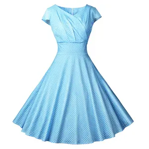 夏のプリントドレス女性服新しいファッションスカイブルー水玉プリントヴィンテージドレス