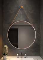 Miroir de salle de bain LED rond décoratif personnalisé avec rétroéclairage, commande tactile, réglable, suspendu, avec cadre doré et sangle en cuir
