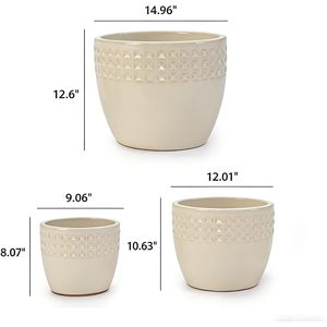 กระถางเซรามิก Mdj Pottery ขนาด 9 12 15 นิ้ว สีขาวเคลือบเงา ลายเพชร ชุด 3 ใบ สำหรับใช้ในสวน - Product Image 2
