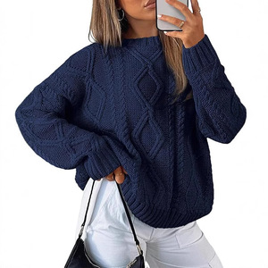 Suéter Casual <span class=keywords><strong>de</strong></span> <span class=keywords><strong>Punto</strong></span> para <span class=keywords><strong>Mujer</strong></span>, Estilo Europeo Americano, Color Sólido, Holgado, Cuello Redondo, Tejido <span class=keywords><strong>de</strong></span> Cable - Product Image 2
