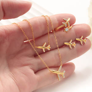 925 स्टर्लिंग चांदी के फैशन गहने सेट करता है हवाई जहाज का विमान जिरकॉन हार और बालियां अंगूठी सोने के प्लेटेड गहने सेट - Product Image 2