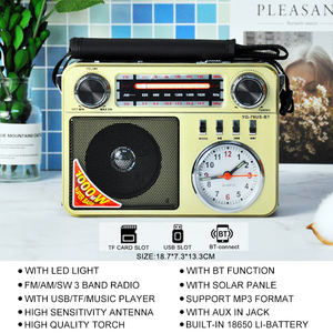 Yg-76US-BT Tourne-disque rétro portable multifonction en métal avec lampe torche solaire LED, <span class=keywords><strong>radio</strong></span> AM SW FM, haut-parleur sans fil BT, réveil - Product Image 5