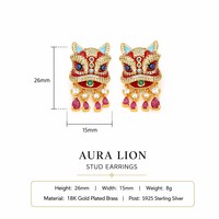 JinSpark Nouvelle Parure de Bijoux Zircon Style Chinois Danse du Lion Porte-Bonheur Plaqué Or 18K Boucles d'Oreilles Collier Bague Cadeau Festif pour Femme