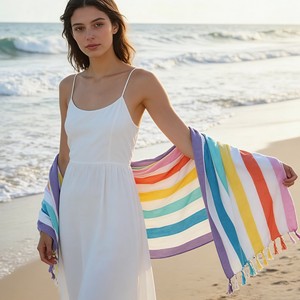 Striped Outdoor Beach Blanket with Tassels, Extra <b>Large</b> Sand Free Picnic <b>Mat</b>, Versatile Quick Dry Throw for Pool & Park - Product Image 6