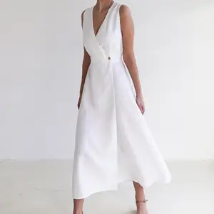 Personalizable 100% vestido de lino para las mujeres con cuello en V sin mangas MIDI casual dulce mujeres vestidos de lino