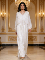 Kaftan Abaya de Luxe avec Ceinture Ornée de Perles et Strass, Robe Longue Islamique pour Soirée de l'Aïd