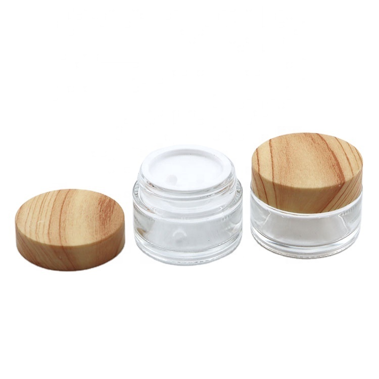 Glass Cream Jar Wholesale Eco- Friendly Skin Care Packaging Wooden Bamboo Grain Plastic Cap Glass Cream Containers Cosmetic Jar