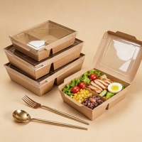 Boîte à lunch jetable en papier kraft écologique et recyclable avec couvercle transparent en PET, étanche et anti-fuite, bord roulé épaissi pour la livraison à emporter
