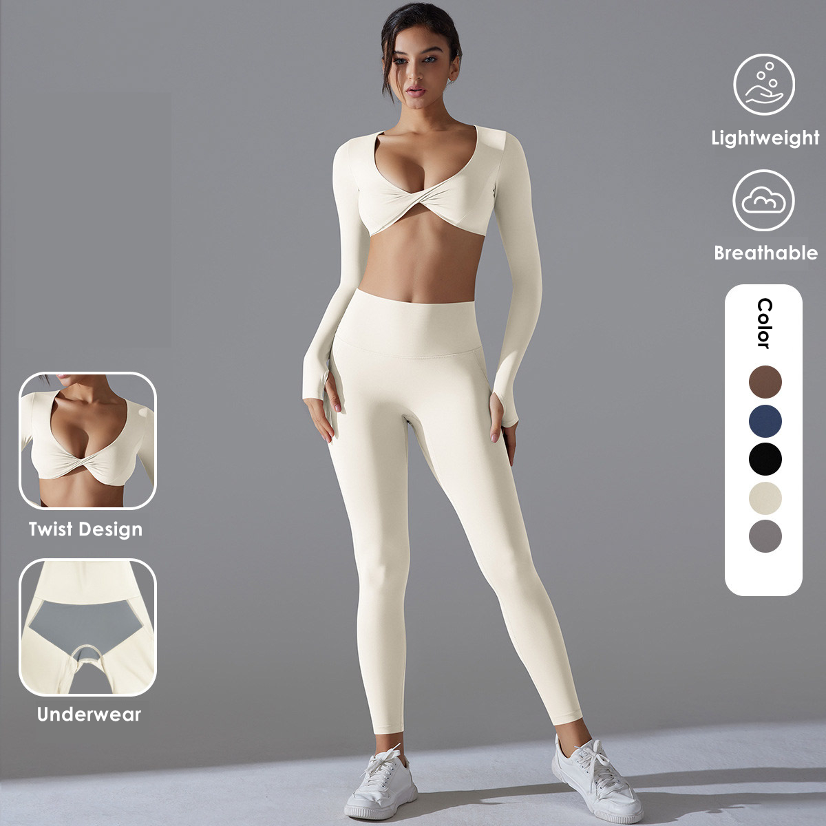 Ladies Solid Long Sleeve Pleated Front Crop Top Gym Fitness Yoga Wear High Waist Seamed Legging Yoga Set Breathable Thumb Hole