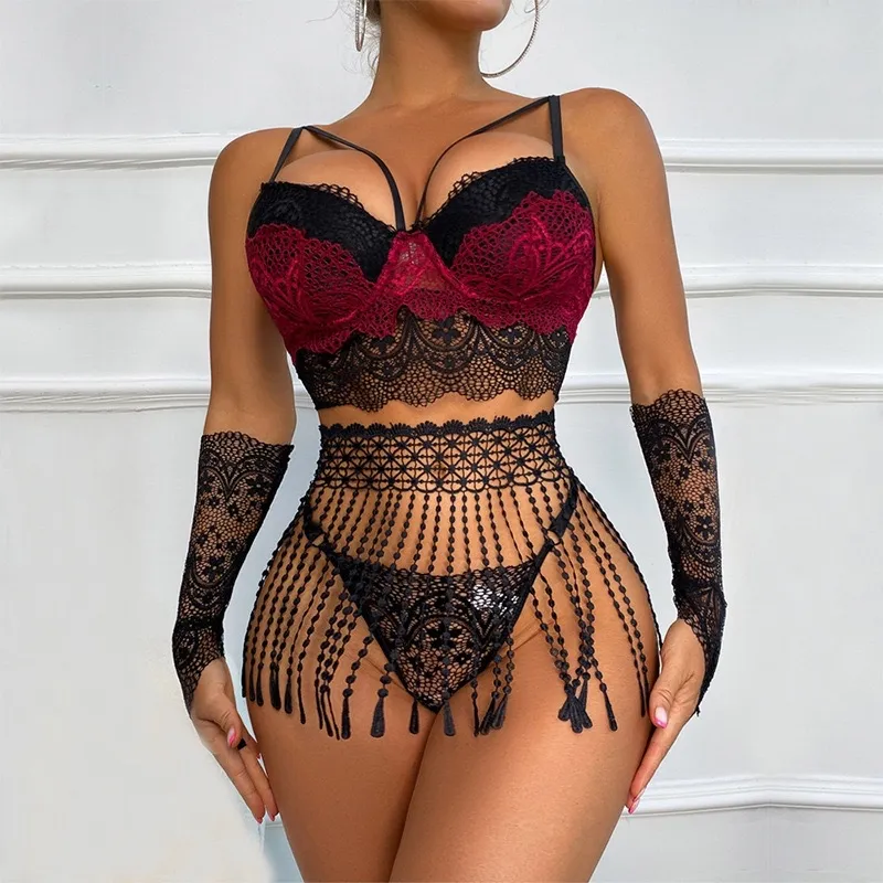 Vente chaude femmes croix dos nu Sexy séduisant une pièce dentelle broderie sous-vêtements avec contrôle de la lumière sexy sous-vêtements soutien-gorge