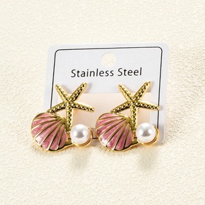 1 paire de boucles d'oreilles en acier inoxydable en forme d'étoile de mer et de coquillage, tendance, colorées, style océan, pour l'été et la plage, pour femmes et filles - Product Image 5