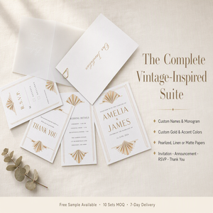 Suite d'invitations de mariage Art Déco en carton nacré avec impression dorée, monogramme personnalisé, <span class=keywords><strong>film</strong></span> offset imprimé sur vélin, RSVP et cartes de remerciement laminées - Product Image 3