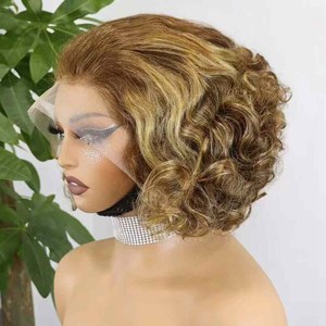 4/27 Faits Saillants Ondulés Bob Perruques Courts Remy Cheveux Humains Avec Transparent Swiss Lace Front Pré-Plumé <span class=keywords><strong>pour</strong></span> les Femmes Noires - Product Image 2