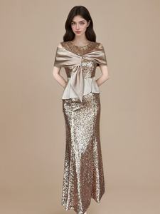 Vestido de Noche de Lentejuelas Doradas de Lujo, Elegante Vestido de Fiesta con Lazo, Diseño de Parches, Hombros Descubiertos, Estilo Sirena, Ajustado, Formal, 2026 - Product Image 1