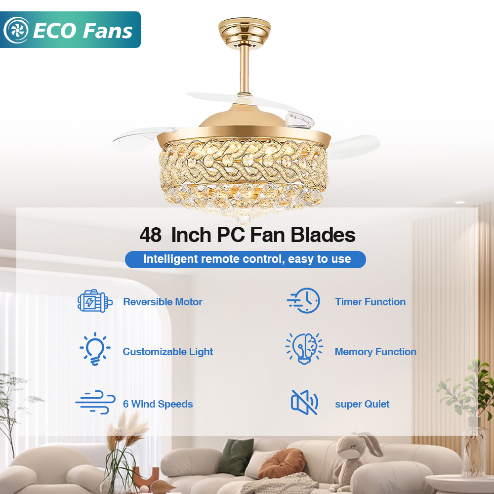 Luxury Silver Invisible Ceiling Fan Crystal Chandelier Style LED Light Remote Control Modern Bedroom Villa Interior Decor