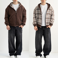 Sweat à capuche unisexe personnalisé en molleton de coton épais, à carreaux, brodé, doublé, lavé, réversible et zippé