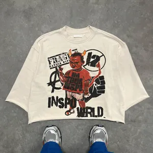 Özel toptan hip hop baskılı streetwear bırak omuz pamuk boy kırpılmış boxy erkekler pamuk grafik t shirt