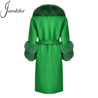 Offre Spéciale dame à la main coudre printemps hiver laine manteau avec vraie fourrure de renard ceinture conception Double visage Long Style femmes cachemire manteau