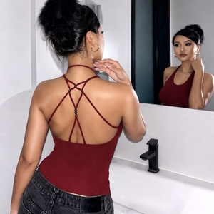 Nightclub <b>Beaded</b> Tie Back Cut Out Halter U Neck Vest Hot Girl Slim Fit Sexy Cut Shoulder Flattering <b>Crop</b> <b>Top</b> - Product Image 3
